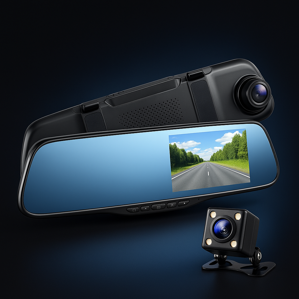 DVR cu oglindă 4.3″ cu lentilă dublă 1080P și monitorizare parcare 24 de ore
